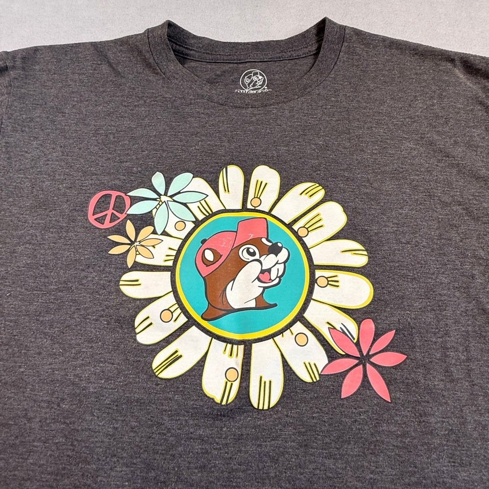 Buc-ee's Beaver Mascot Peace Flower Graphic T-Shirt Charcoal Gray Small